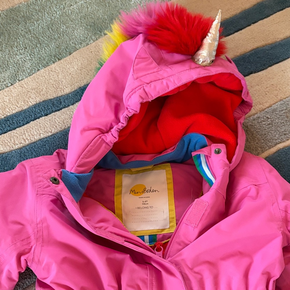 Mini Boden Hot Pink Unicorn Hooded Coat with Rainbow Trim